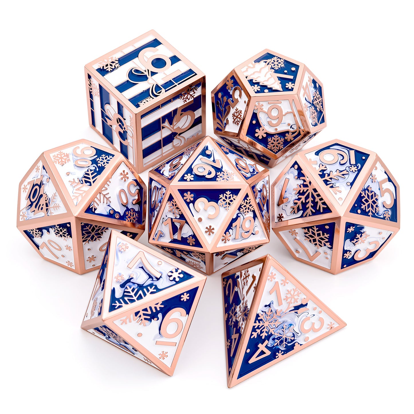 Haxtec Christmas Metal DnD Dice Set with Leather Pouch – Blue White with Rose Gold Edge