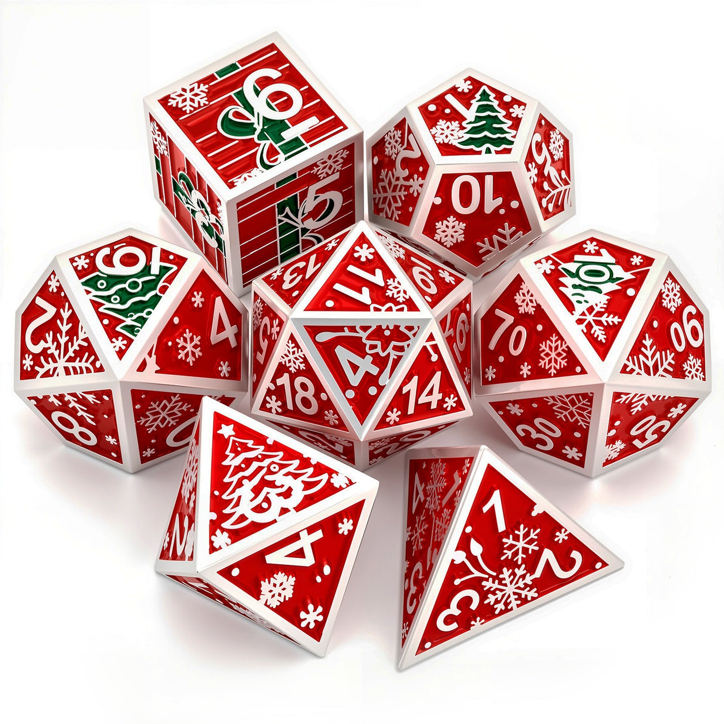 Haxtec Christmas Metal DnD Dice Set with Leather Pouch – Crimson with Silver Edge