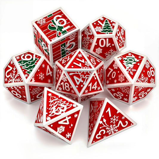 Haxtec Christmas Metal DnD Dice Set with Leather Pouch – Crimson with Silver Edge