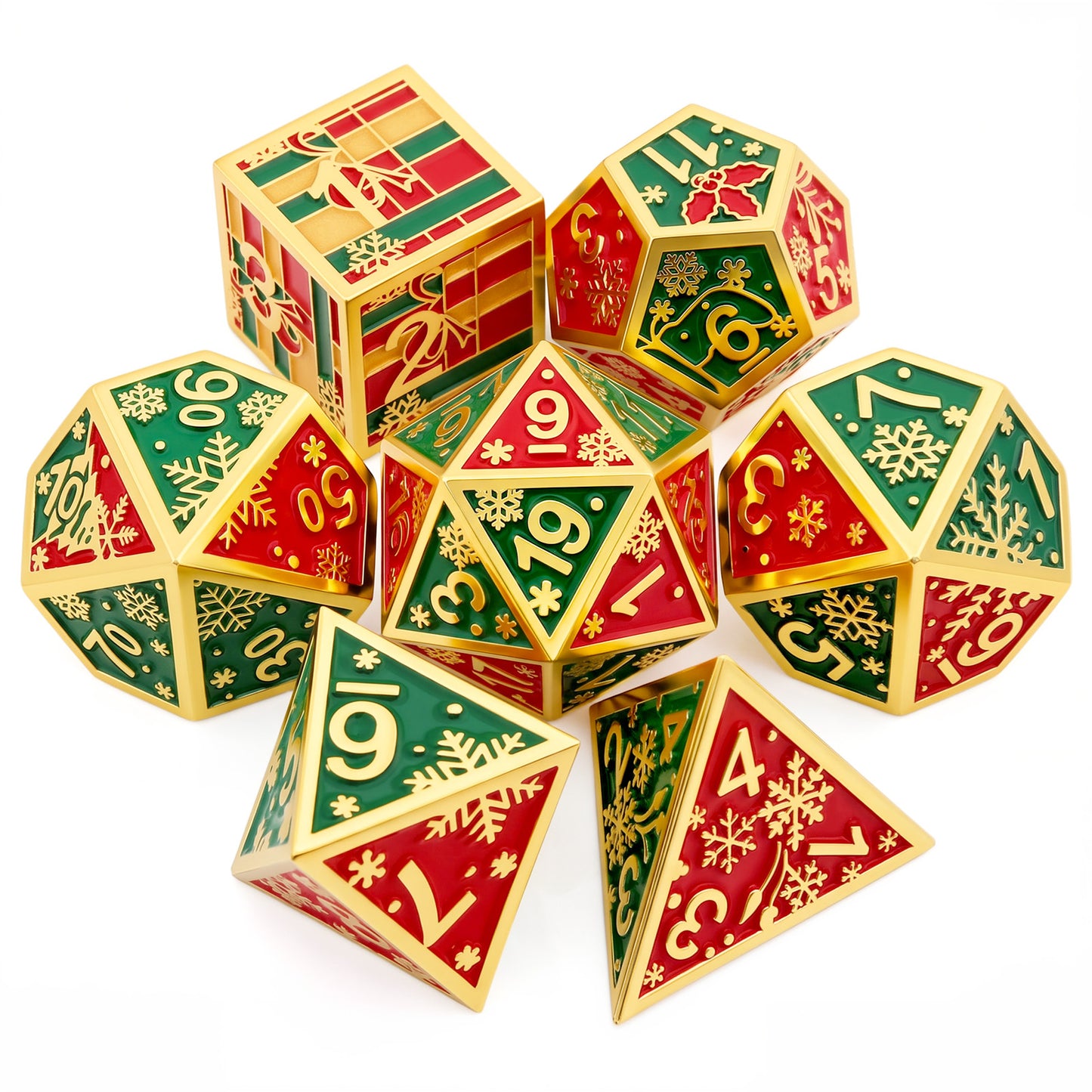 Haxtec Christmas Metal DnD Dice with Leather Pouch - Red Green with Gold Edge