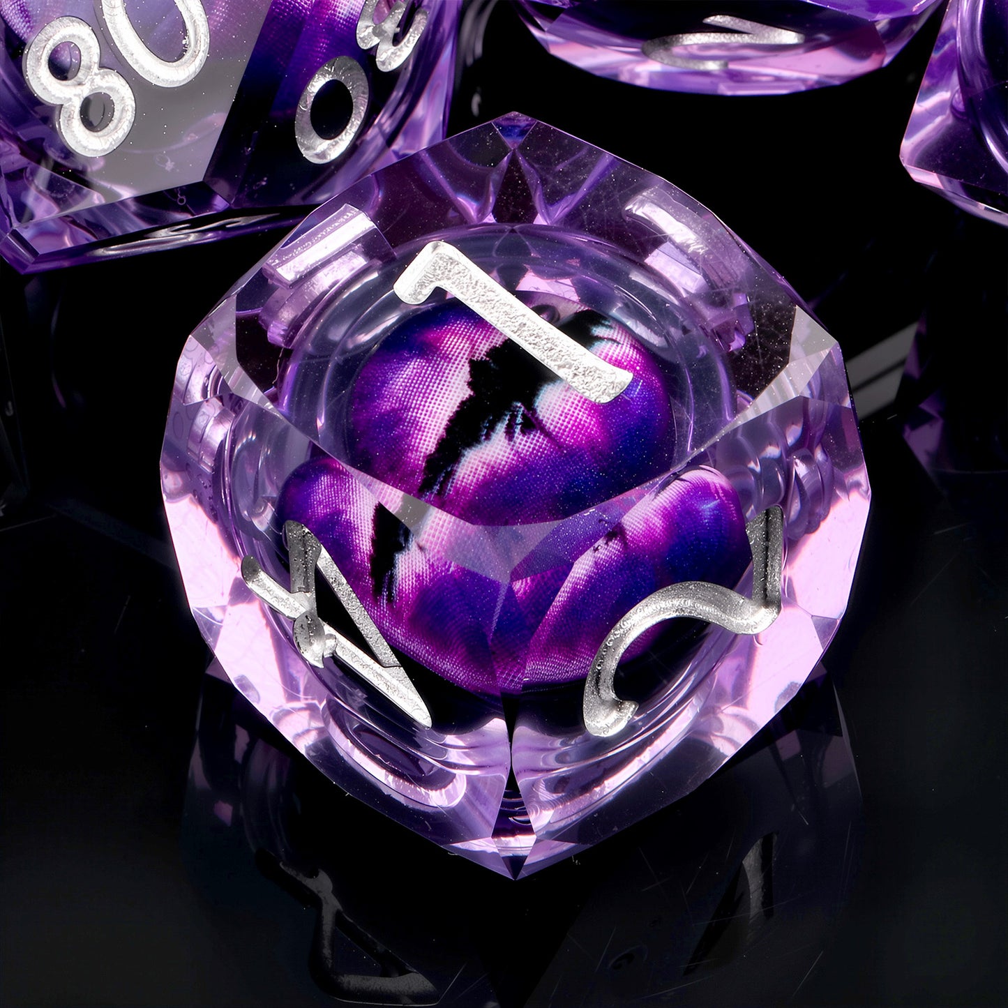 Haxtec Arcane Gaze Purple Eye Liquid Core Dice – Diamond-Cut Resin Set with Metal Case