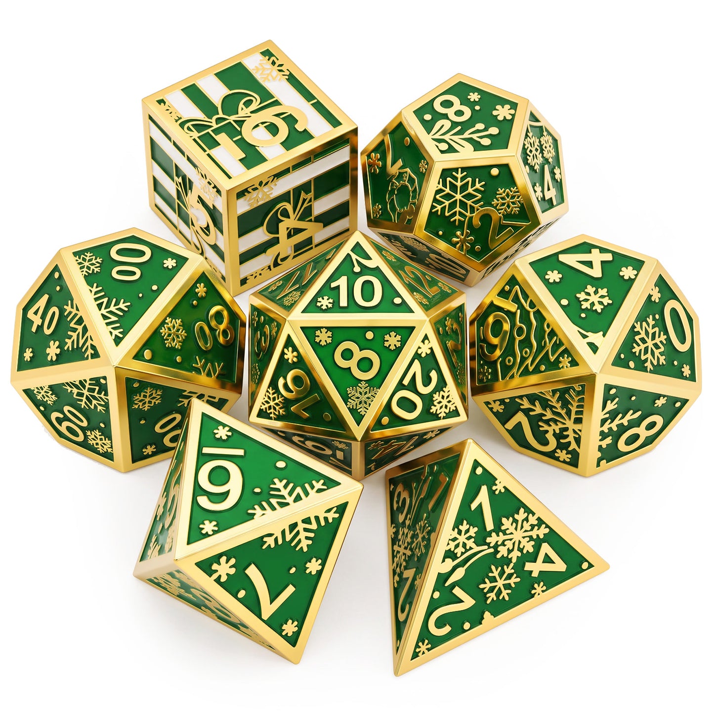 Haxtec Christmas Metal DnD Dice Set with Leather Pouch – Evergreen with Gold Edge