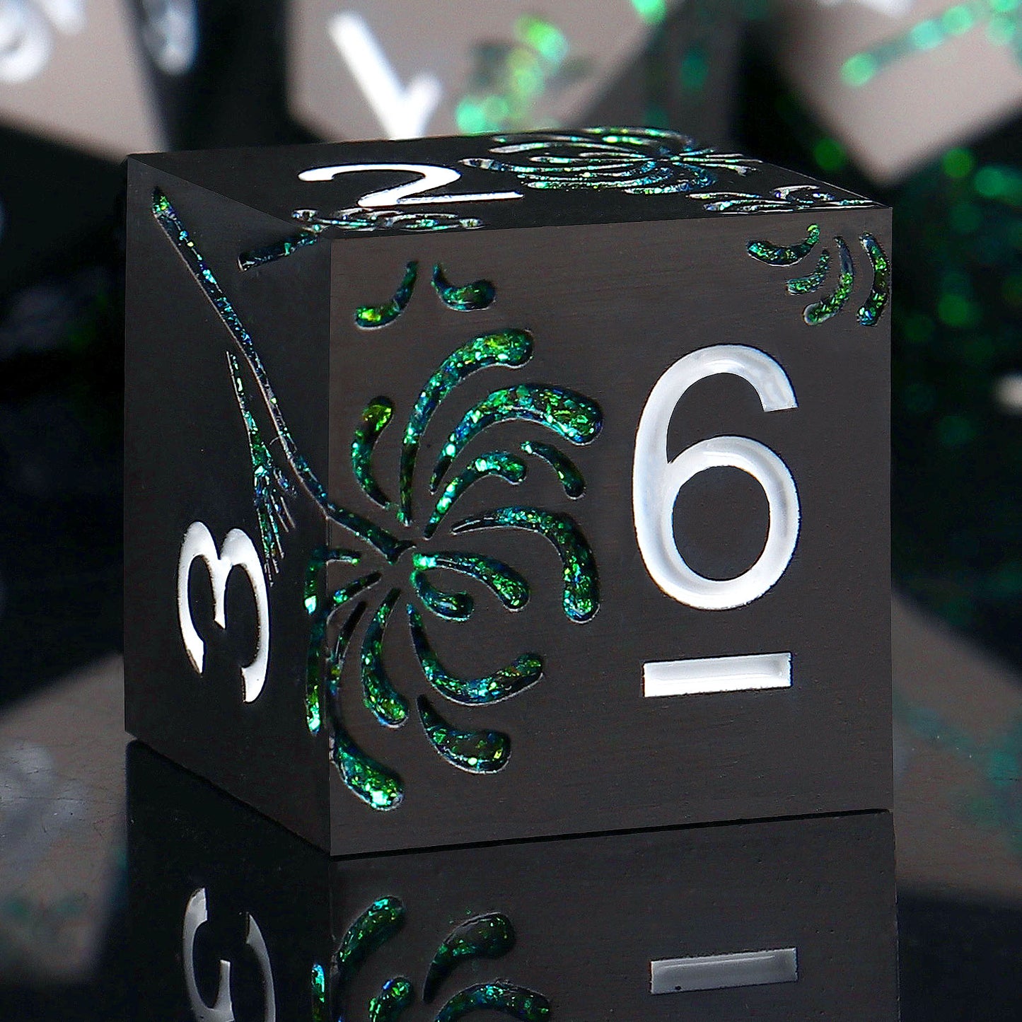 Haxtec Green Spider Lily Flower Metal DND Dice Set for Dungeons and Dragons TTRPG-Black Green Glitter