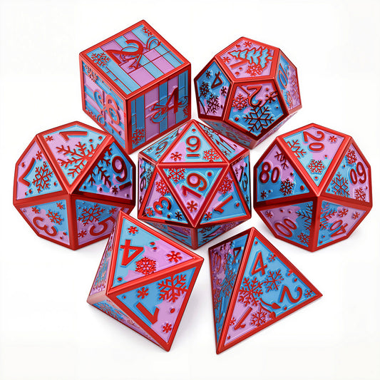 Haxtec Christmas Metal DnD Dice Set with Leather Pouch – Blue Purple with Red Edge