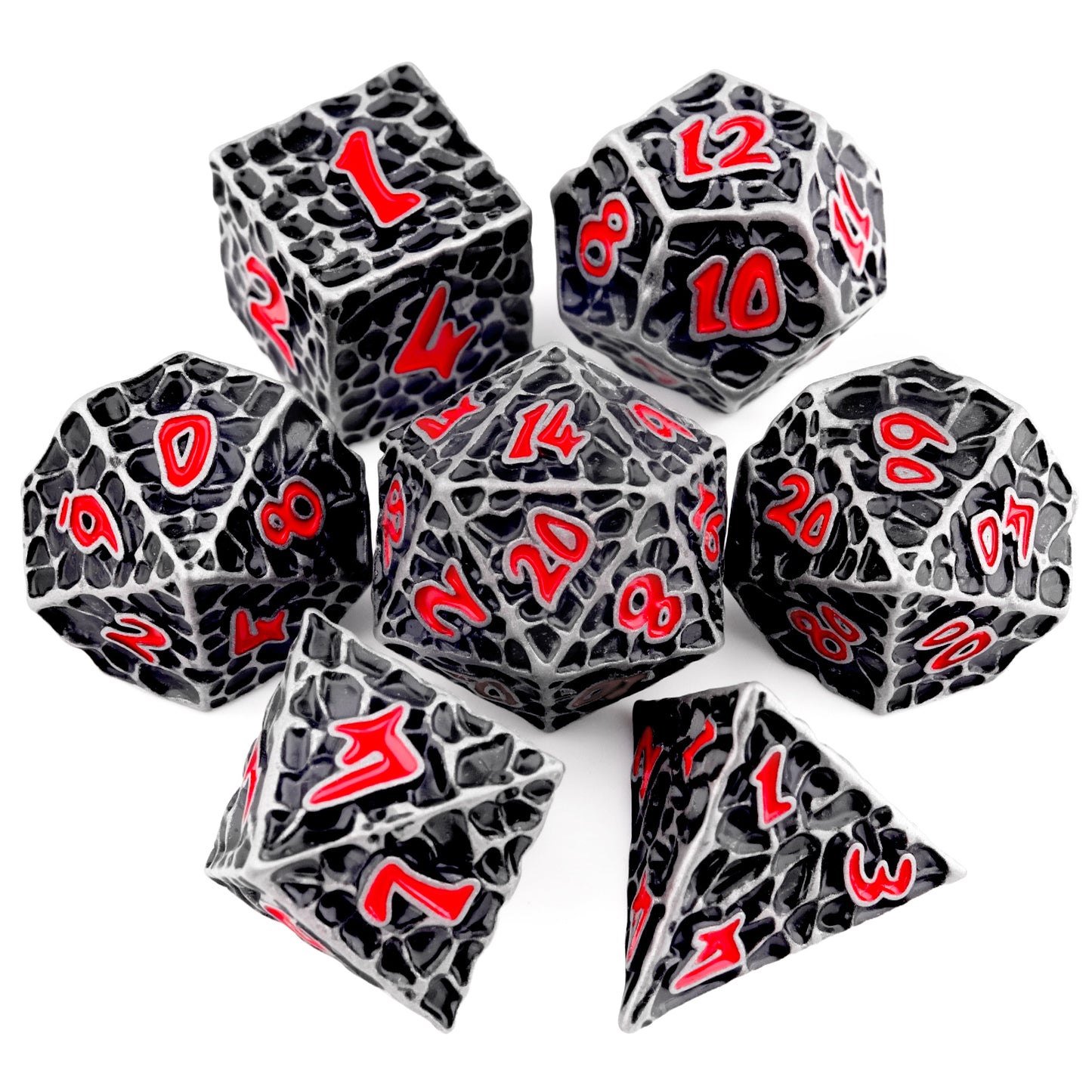 Haxtec Meteorite Texture Metal DnD Dice Set Iron Red Numbers