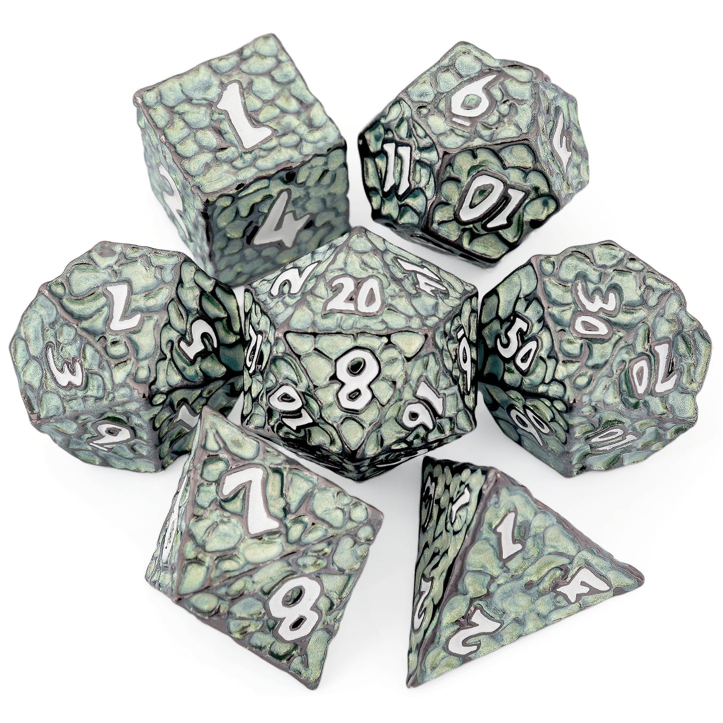 Haxtec Meteorite Texture Metal DnD Dice Set Aqua Light Green White  Numbers