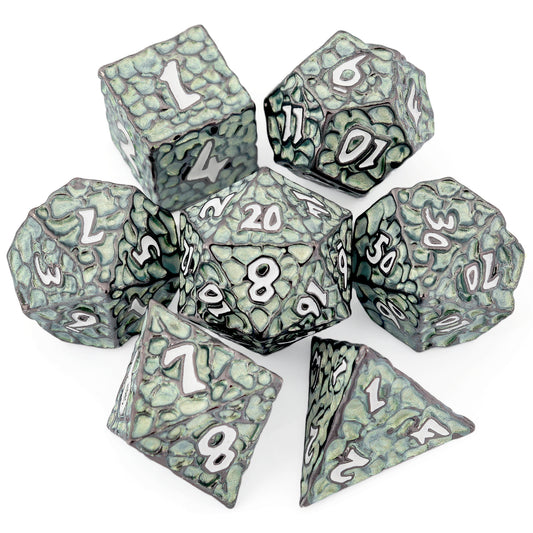 Haxtec Meteorite Texture Metal DnD Dice Set Aqua Light Green White  Numbers