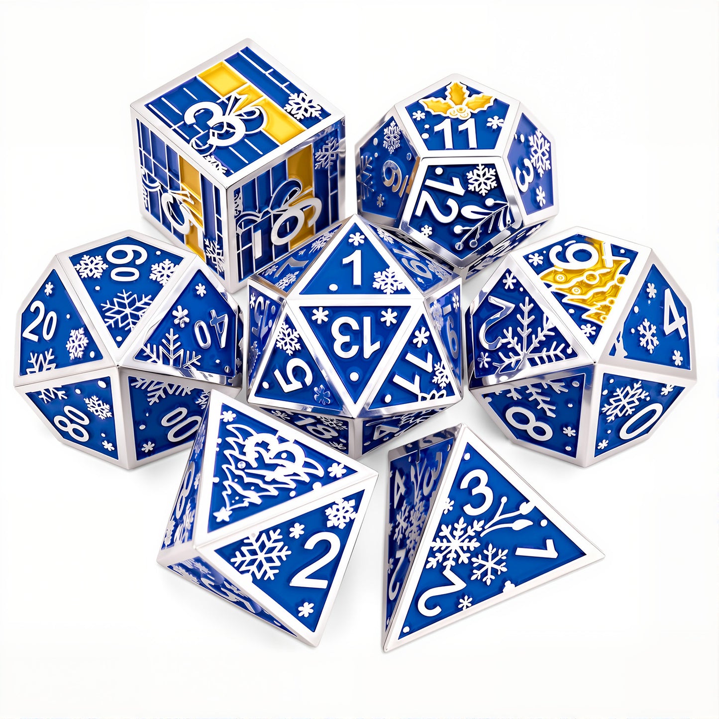 Haxtec Christmas Metal DnD Dice Set with Leather Pouch – Blue Yellow with Silver Edge