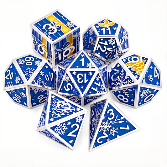Haxtec Christmas Metal DnD Dice Set with Leather Pouch – Blue Yellow with Silver Edge