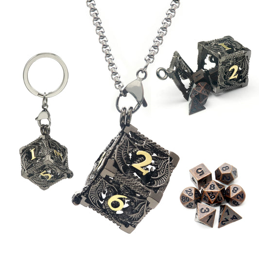 Haxtec Mini Metal Dice Set Necklace D&D Hollow D6 Dice Keychain DND Dice Gamer Gifts