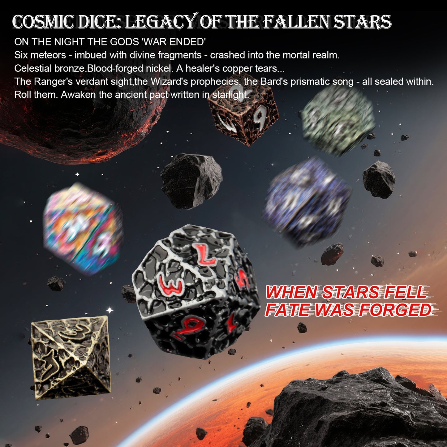 Haxtec Meteorite Texture Metal DnD Dice Set Iron Red Numbers
