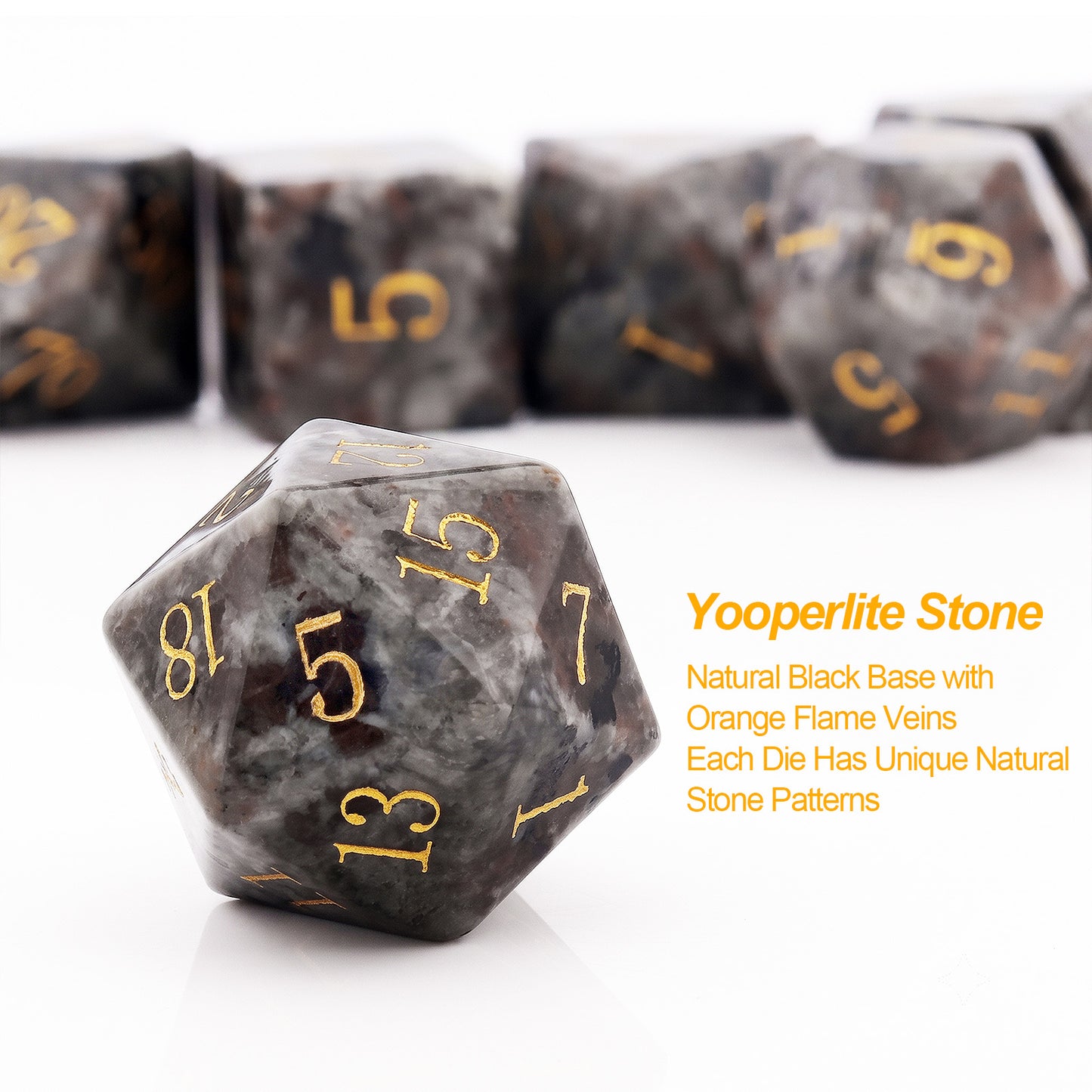 Haxtec Flame Yooperlite Handmade Gemstone Dice with Orange Veins