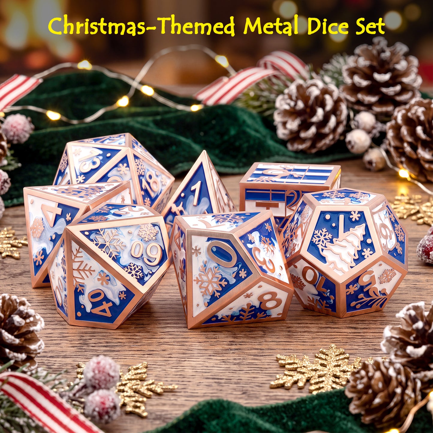 Haxtec Christmas Metal DnD Dice Set with Leather Pouch – Blue White with Rose Gold Edge