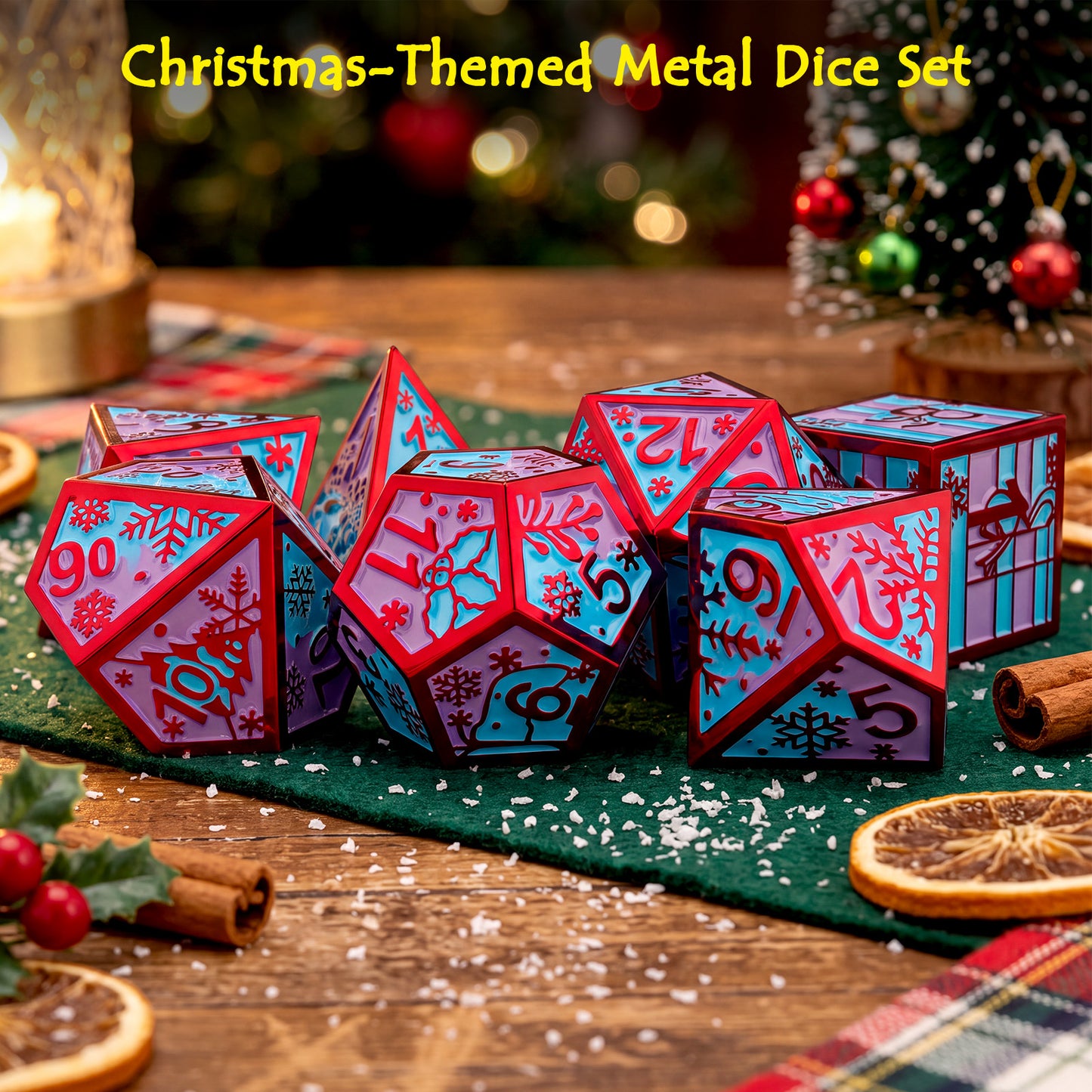 Haxtec Christmas Metal DnD Dice Set with Leather Pouch – Blue Purple with Red Edge