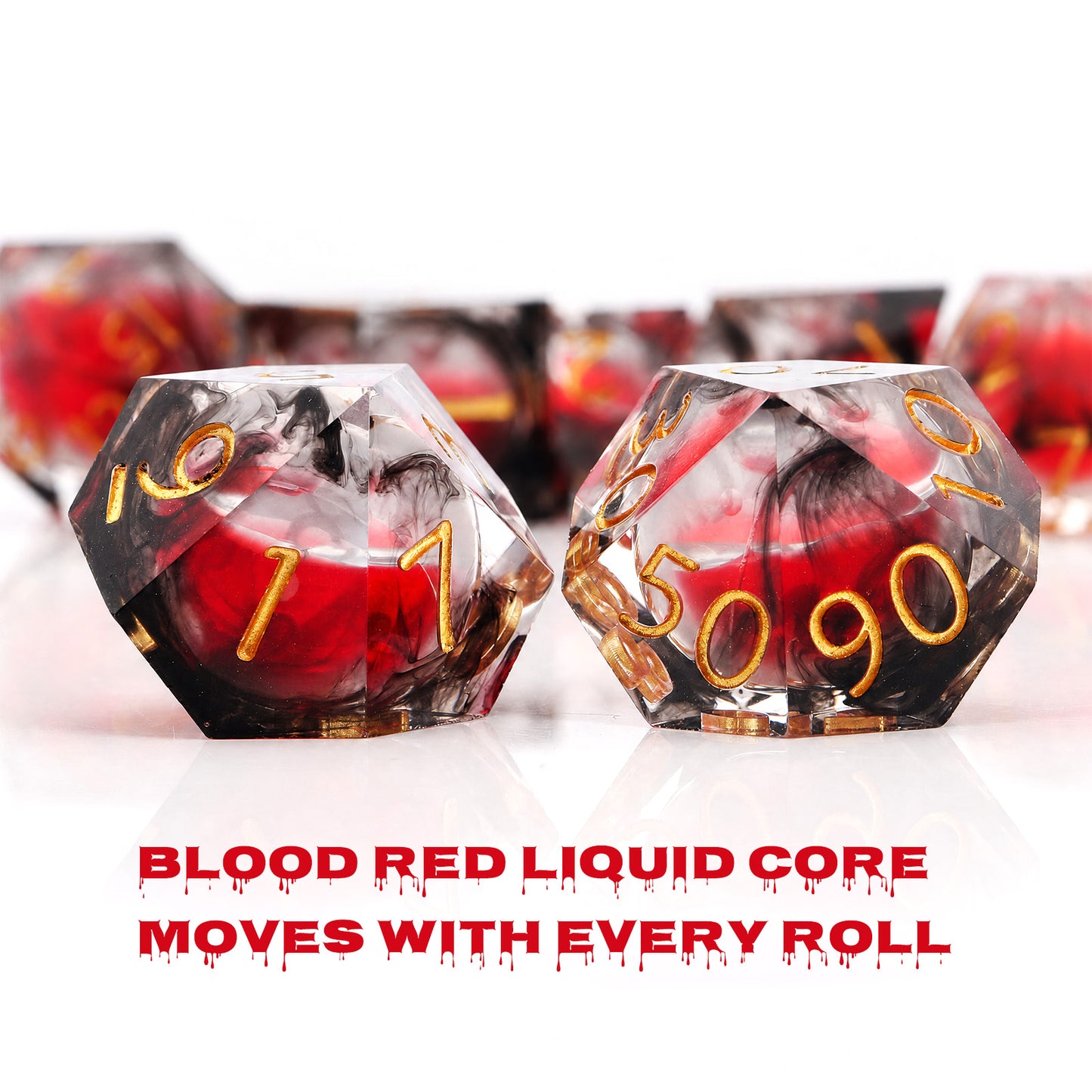 Haxtec Blood Black Red Liquid Core Sharp Edge Resin DND Dice Set Gold Numbering with Metal Case
