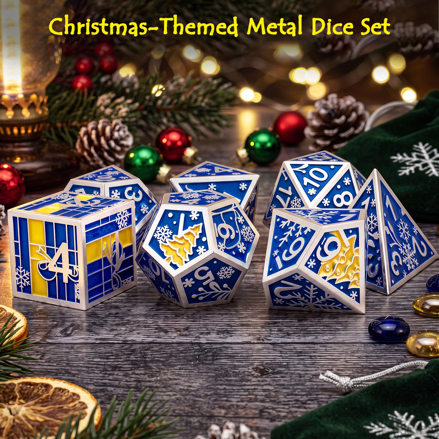 Haxtec Christmas Metal DnD Dice Set with Leather Pouch – Blue Yellow with Silver Edge