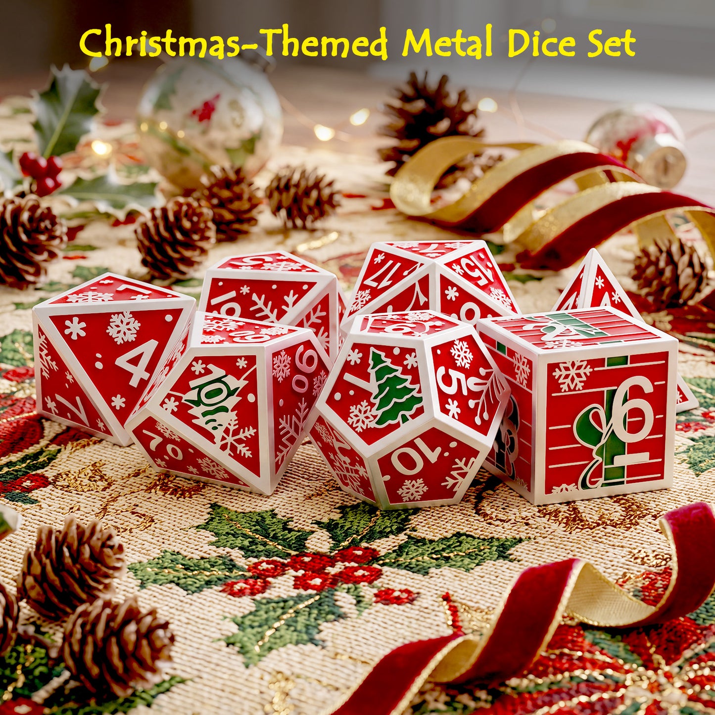 Haxtec Christmas Metal DnD Dice Set with Leather Pouch – Crimson with Silver Edge
