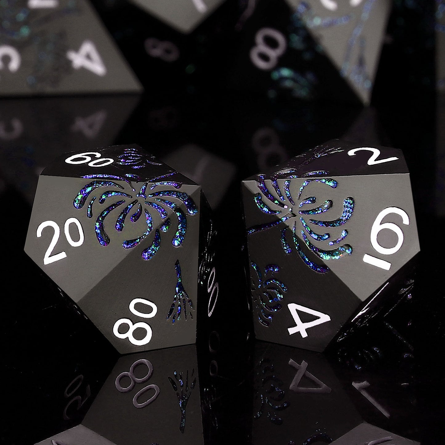 Haxtec Blue Spider Lily Flower Metal DND Dice Set for Dungeons and Dragons TTRPG-Black Blue Glitter