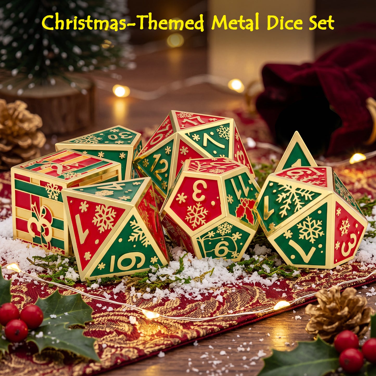 Haxtec Christmas Metal DnD Dice with Leather Pouch - Red Green with Gold Edge