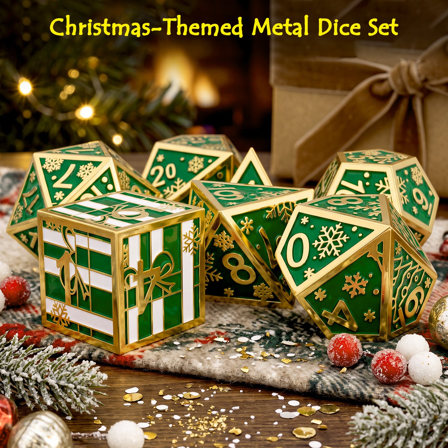 Haxtec Christmas Metal DnD Dice Set with Leather Pouch – Evergreen with Gold Edge