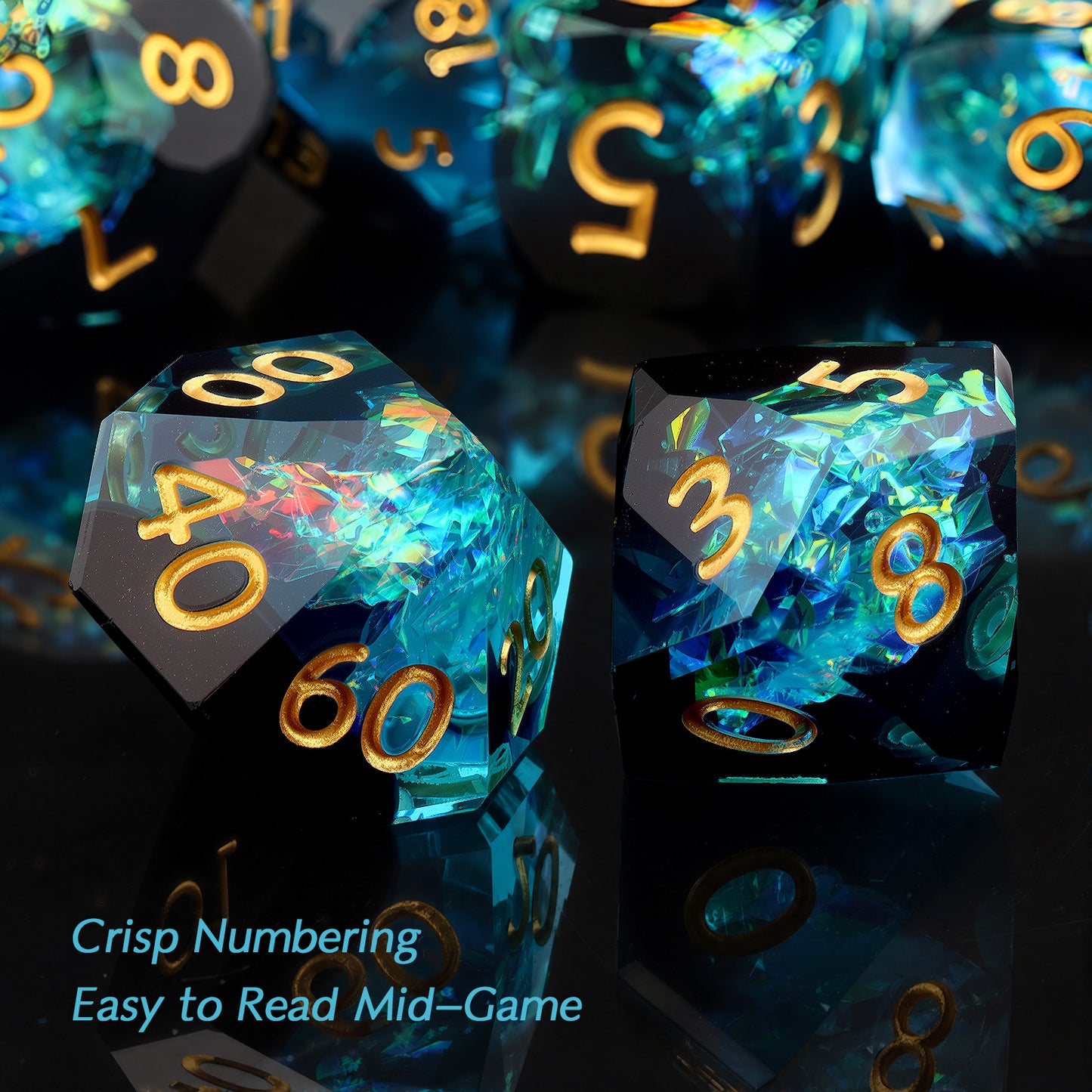 Haxtec Aurora Prism Holographic Sparkling Dice Set – Diamond-Cut Iridescent Resin D&D Dice with Metal Case