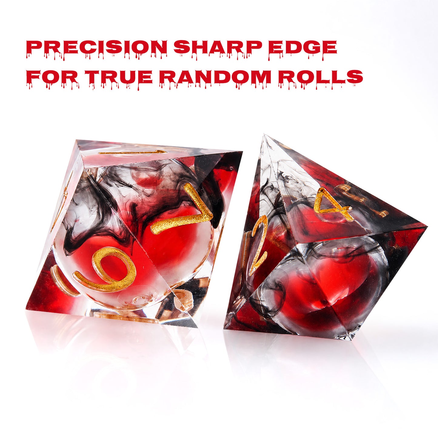 Haxtec Blood Black Red Liquid Core Sharp Edge Resin DND Dice Set Gold Numbering with Metal Case