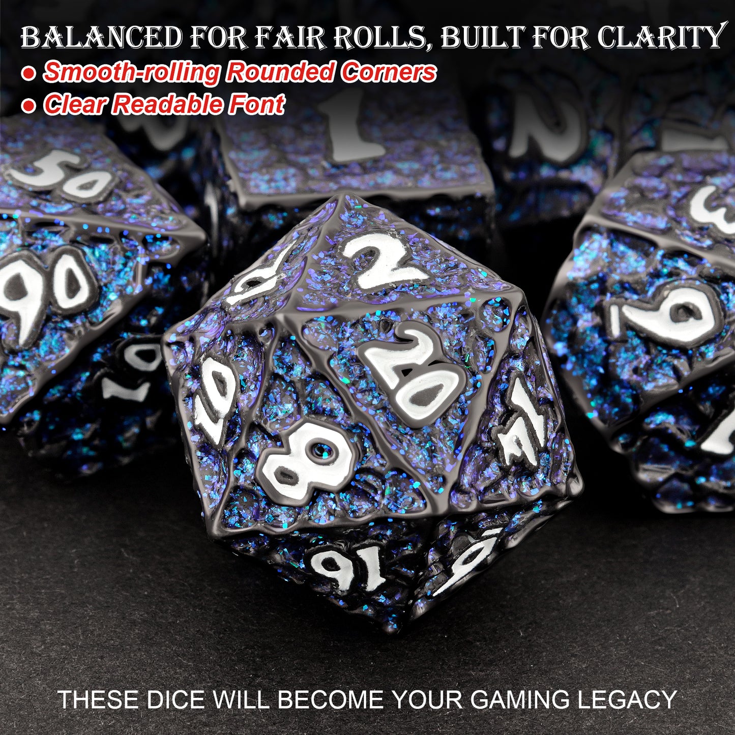 Haxtec Meteorite Texture Metal DnD Dice Set Flash Blue Purple with White Numbers