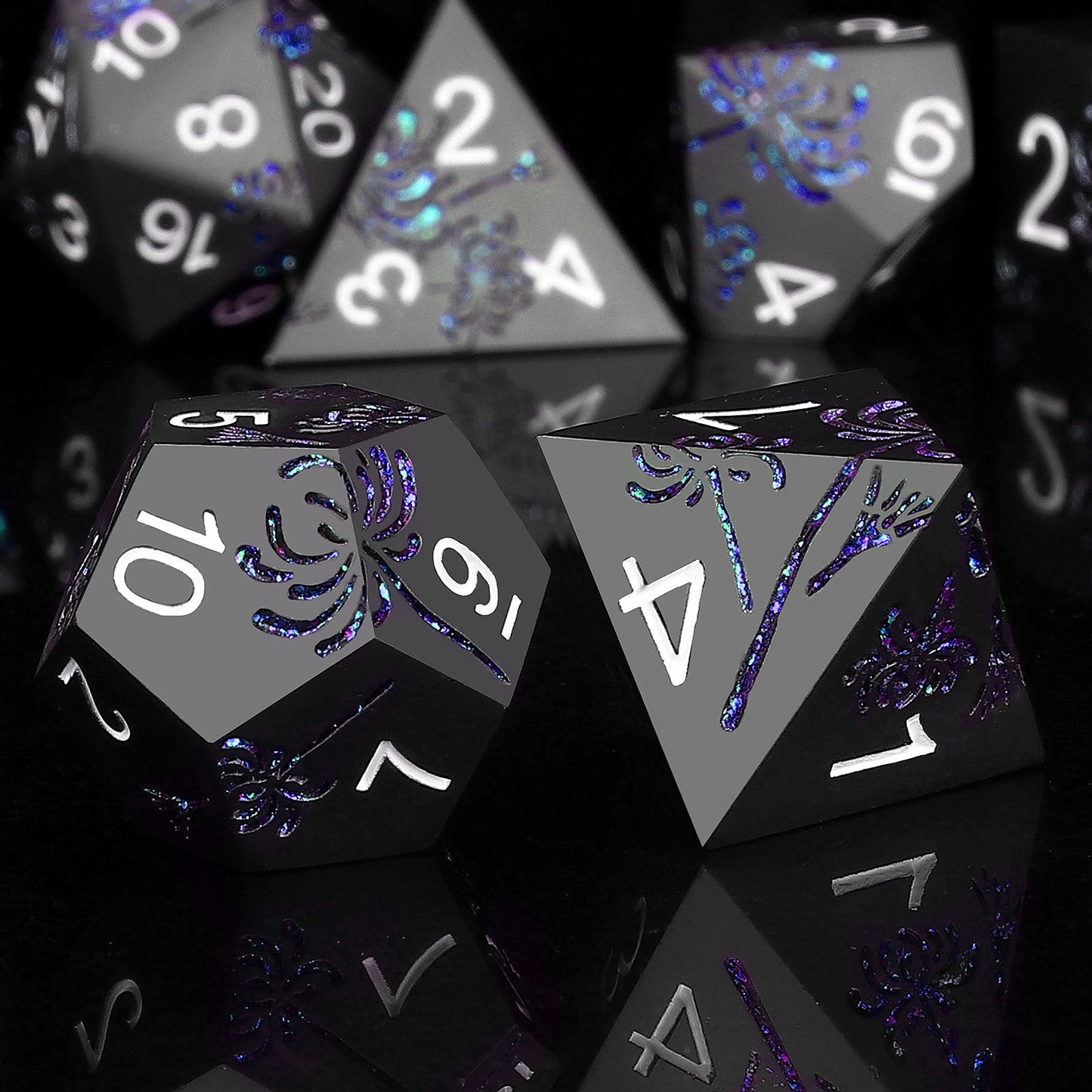 Haxtec Blue Spider Lily Flower Metal DND Dice Set for Dungeons and Dragons TTRPG-Black Blue Glitter