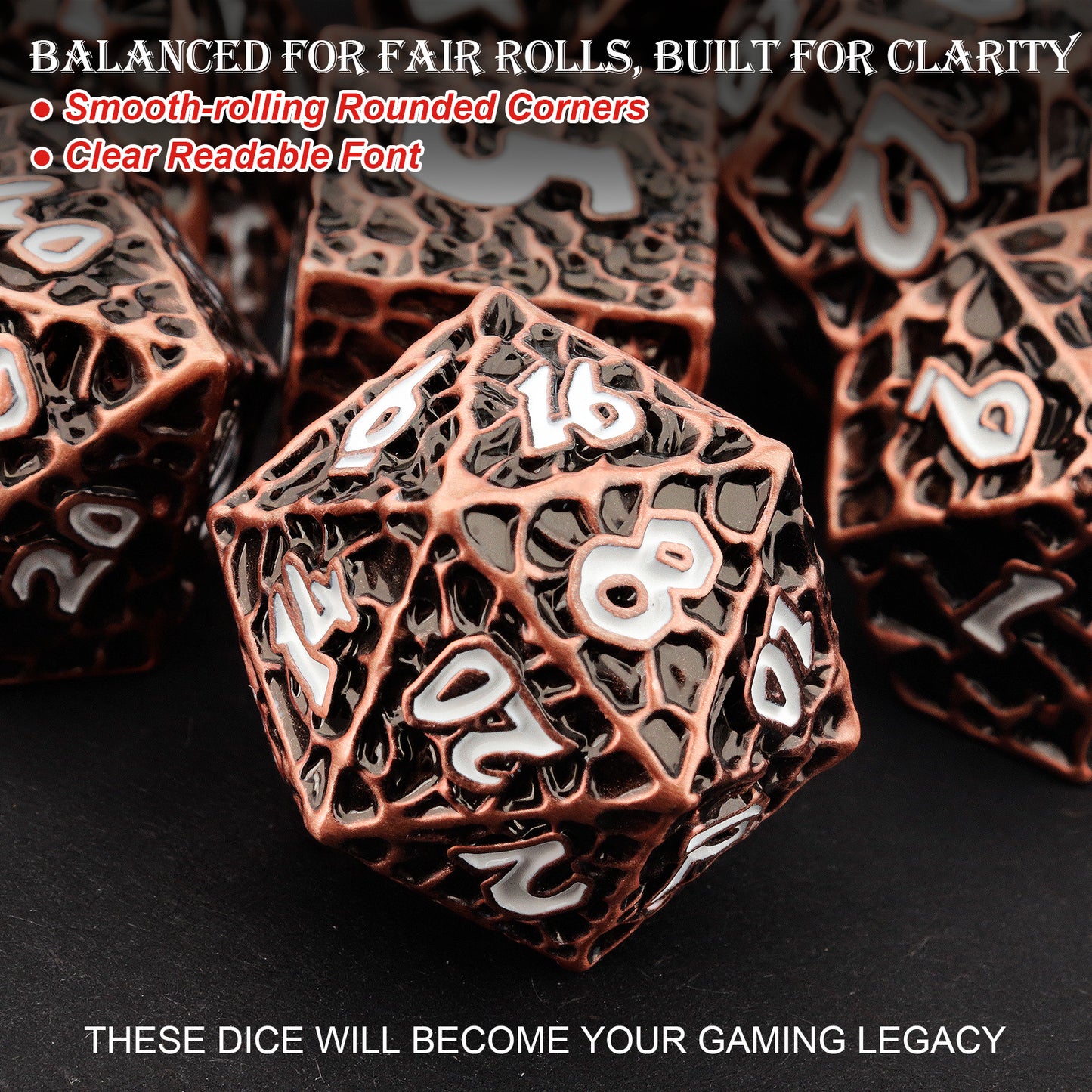 Haxtec Meteorite Texture Metal DnD Dice Set Ancient Cooper White Numbers