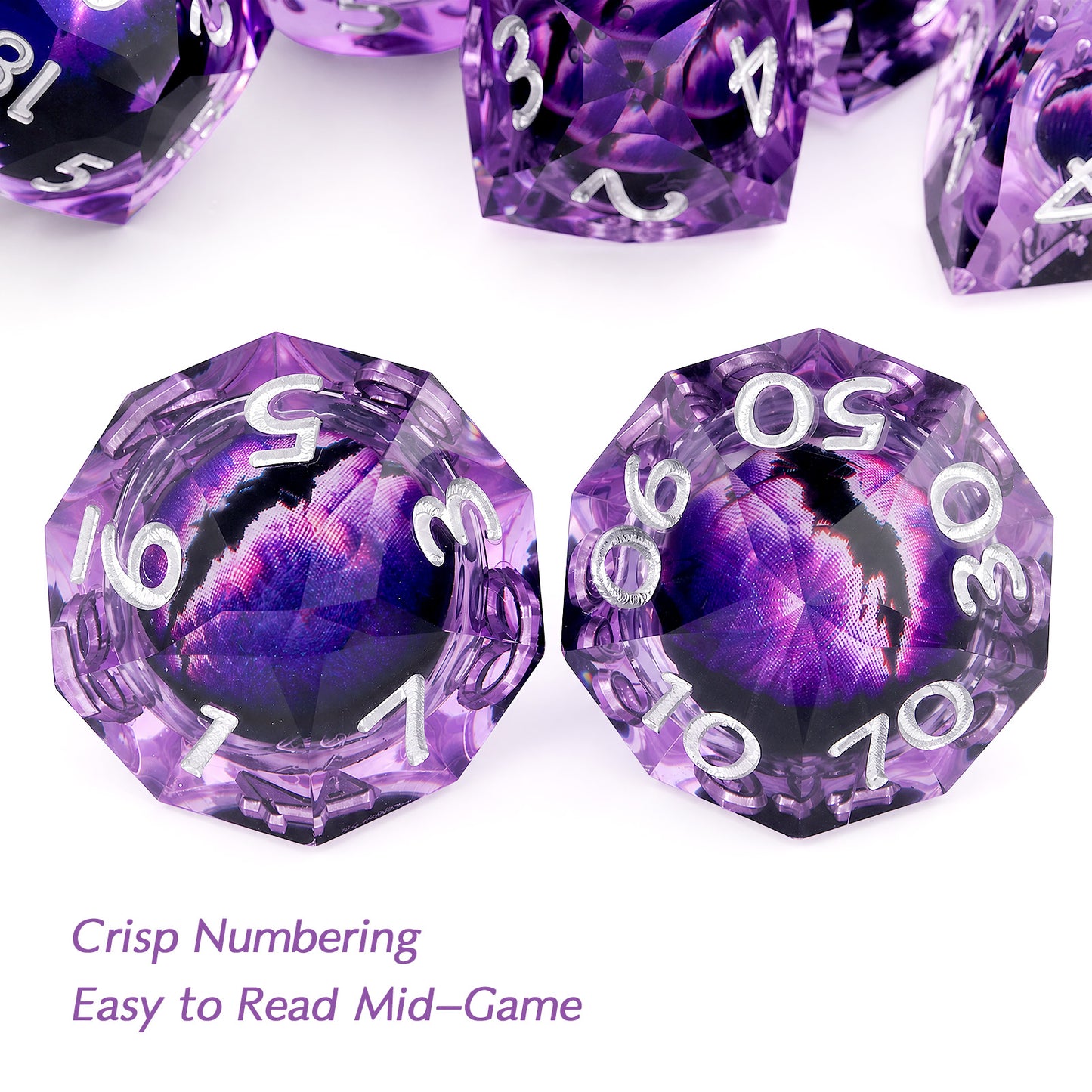 Haxtec Arcane Gaze Purple Eye Liquid Core Dice – Diamond-Cut Resin Set with Metal Case