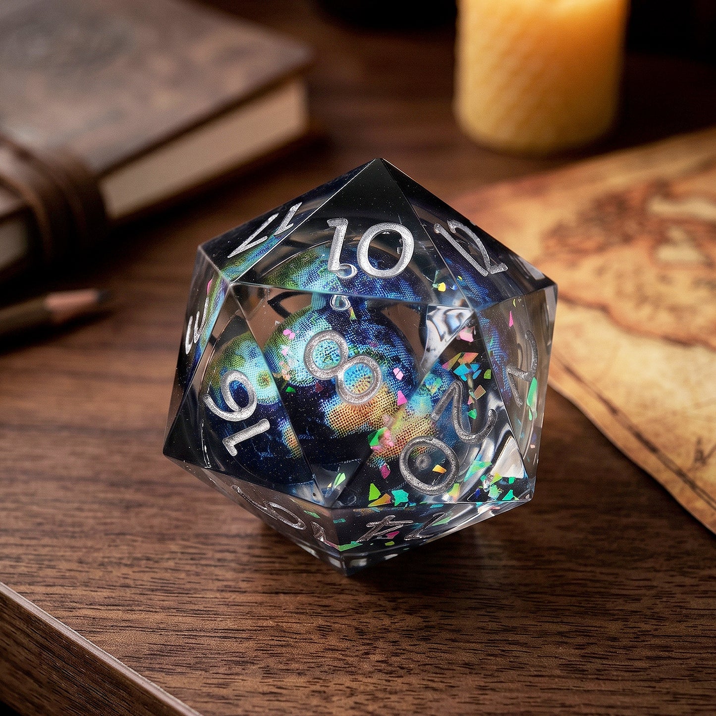 Haxtec Blue Planet Liquid Core Sharp Edge Resin DND Dice Set with Metal Case