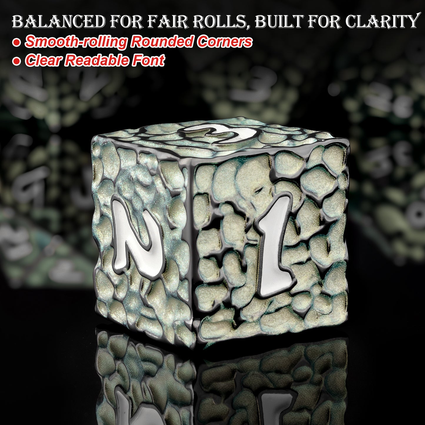 Haxtec Meteorite Texture Metal DnD Dice Set Aqua Light Green White  Numbers