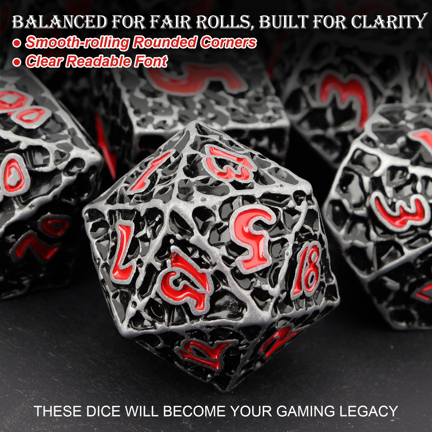 Haxtec Meteorite Texture Metal DnD Dice Set Iron Red Numbers