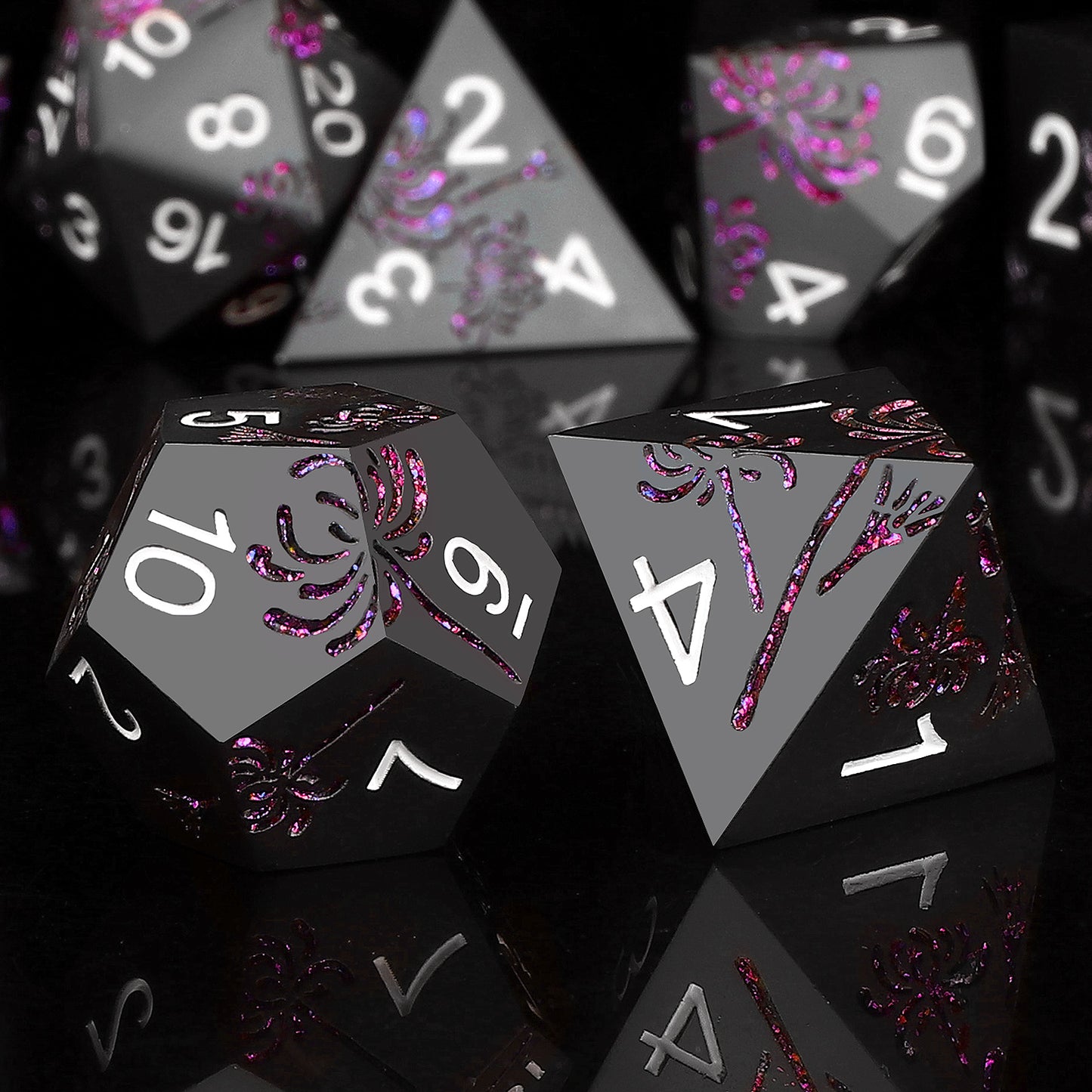 Haxtec Purple Spider Lily Flower Metal DND Dice Set for Dungeons and Dragons TTRPG-Black Purple Glitter