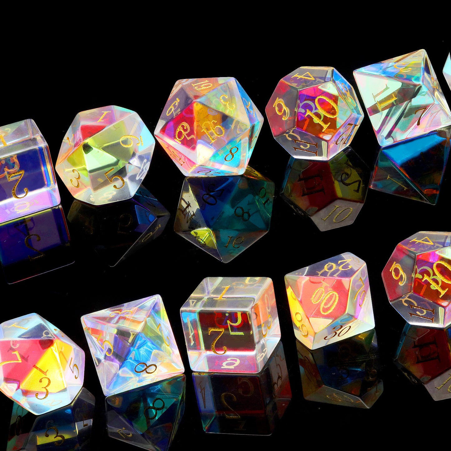Haxtec Rainbow Glass Dice Set with Dice Case-Dichroic Prism Glass Gemstone DND Dice