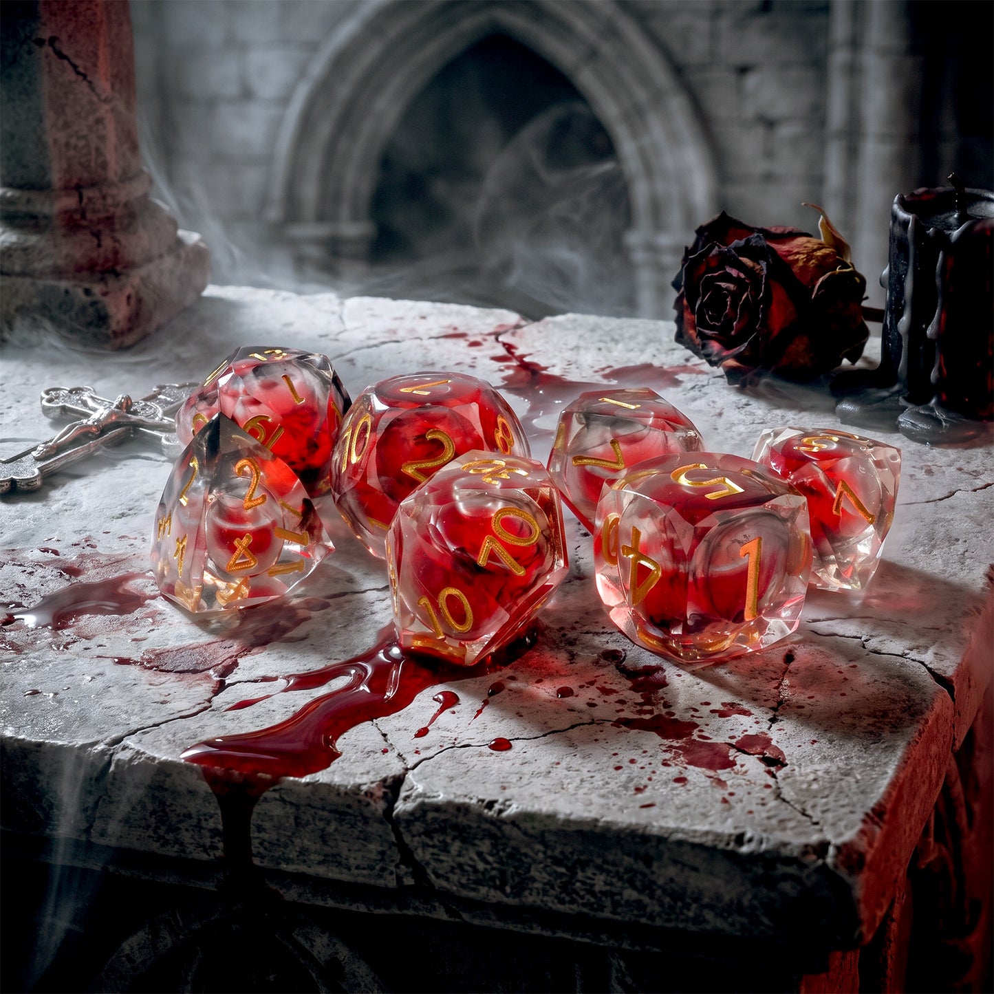 Haxtec Crimson Nebula Liquid Core Dice – Diamond-Cut Resin Set with Metal Case
