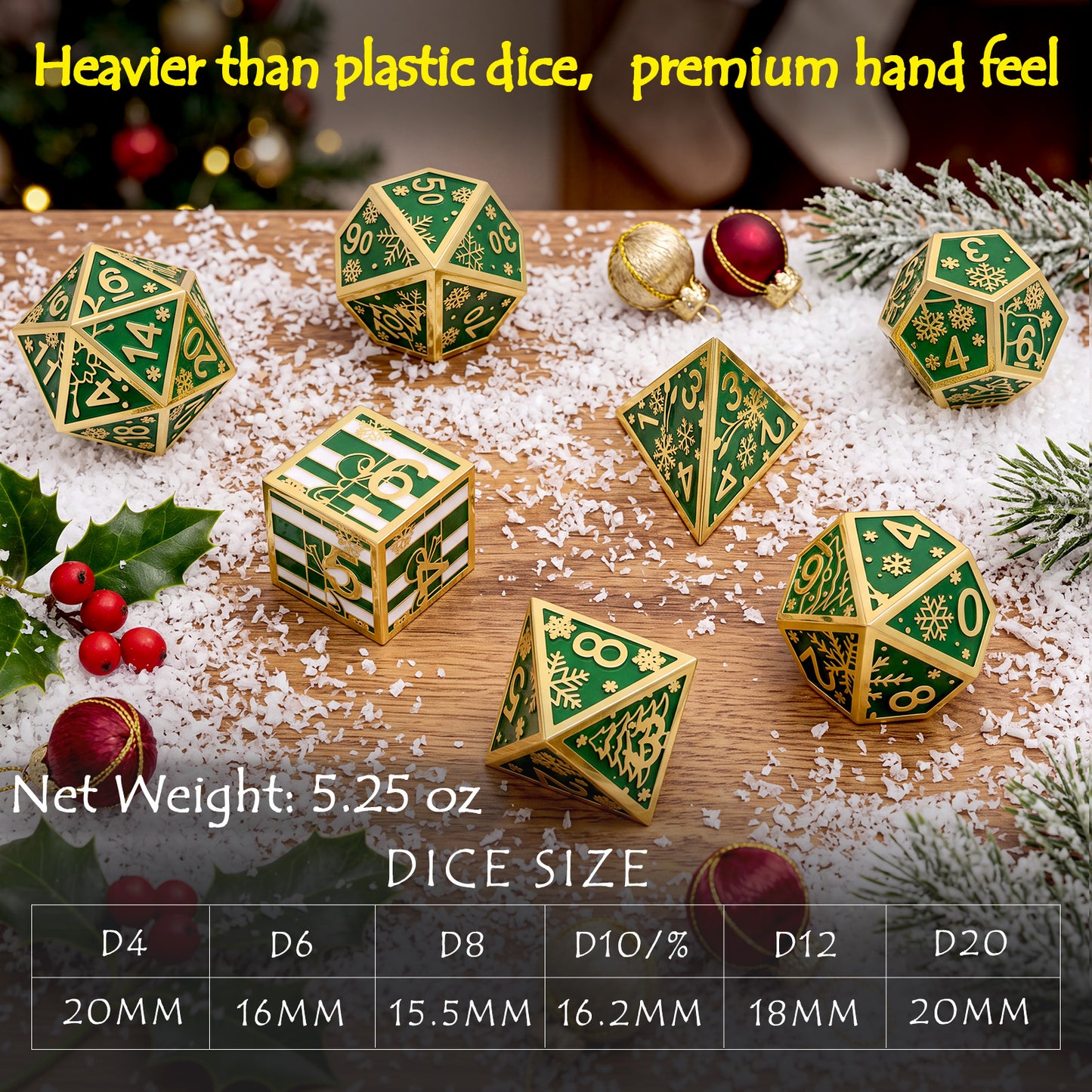 Haxtec Christmas Metal DnD Dice Set with Leather Pouch – Evergreen with Gold Edge