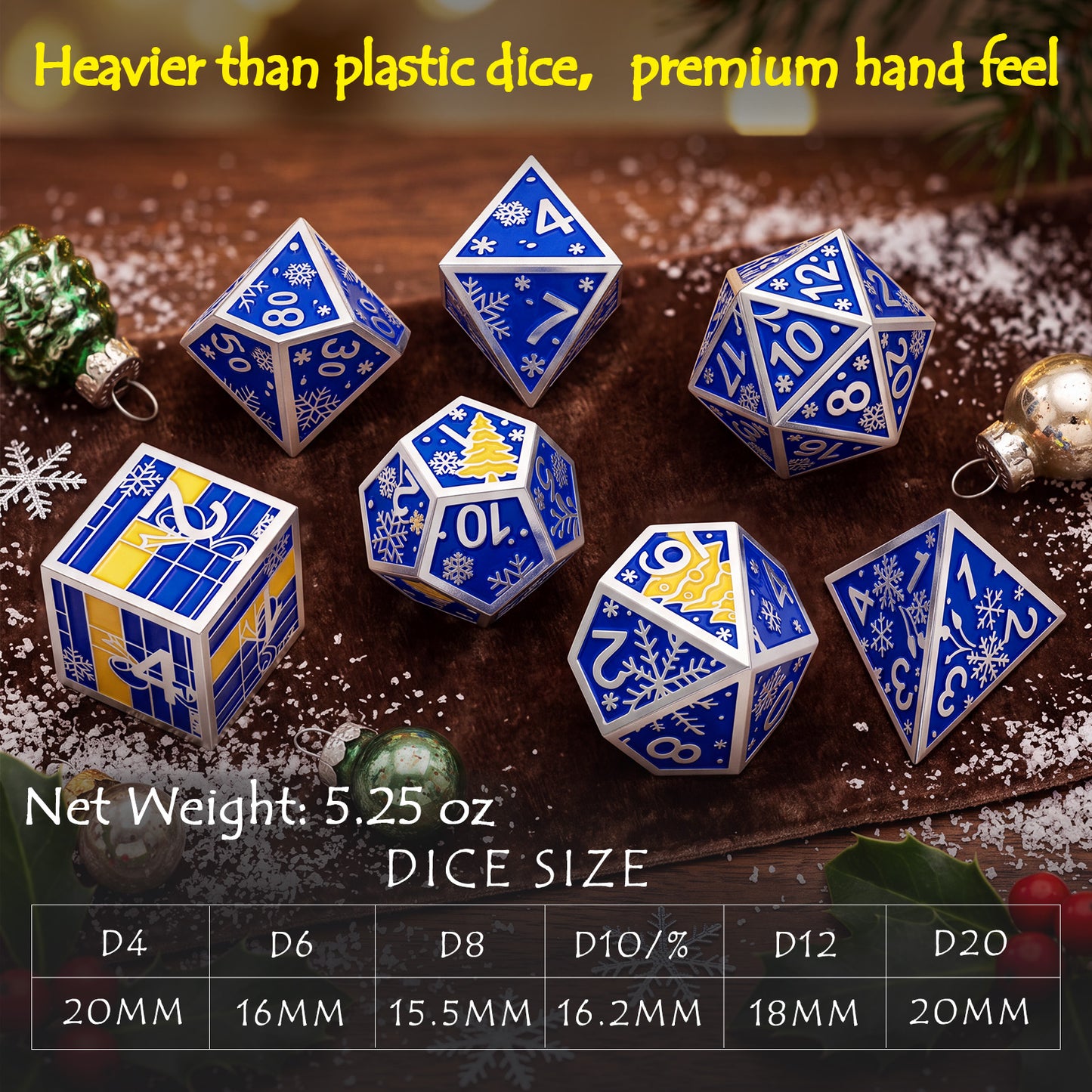 Haxtec Christmas Metal DnD Dice Set with Leather Pouch – Blue Yellow with Silver Edge