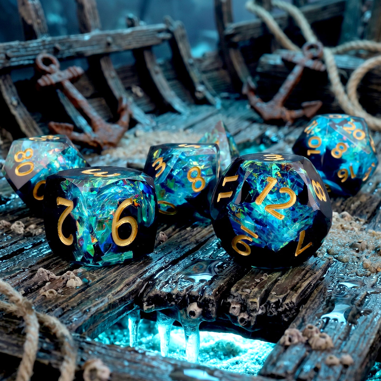 Haxtec Aurora Prism Holographic Sparkling Dice Set – Diamond-Cut Iridescent Resin D&D Dice with Metal Case