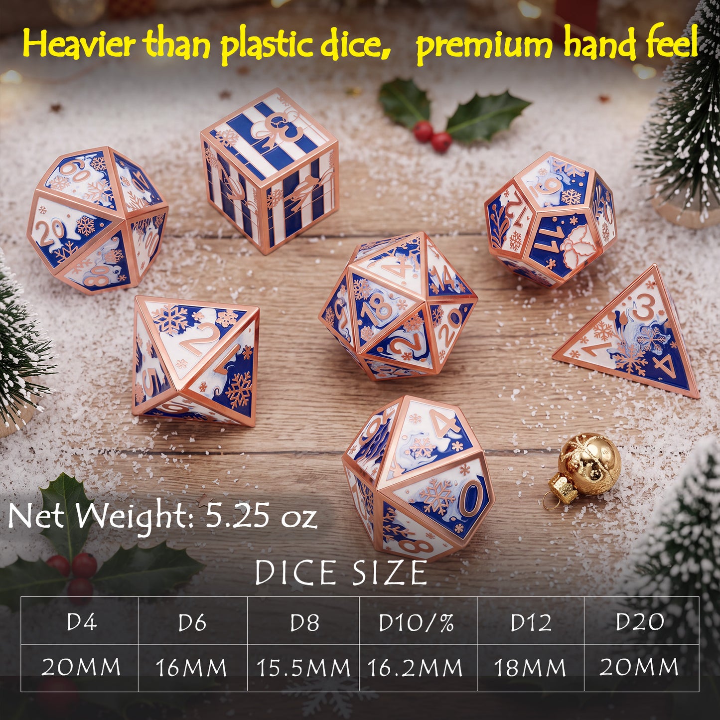 Haxtec Christmas Metal DnD Dice Set with Leather Pouch – Blue White with Rose Gold Edge