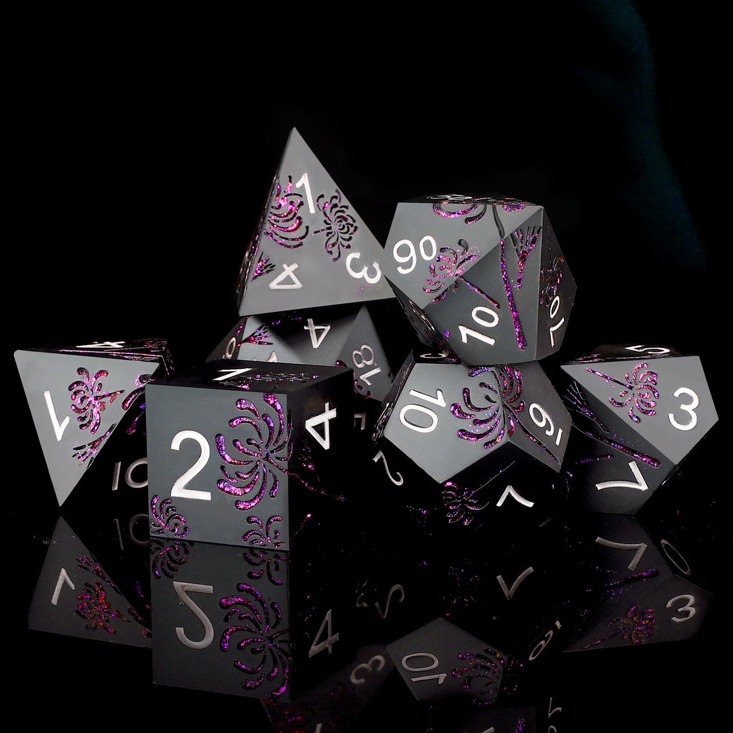 Haxtec Purple Spider Lily Flower Metal DND Dice Set for Dungeons and Dragons TTRPG-Black Purple Glitter