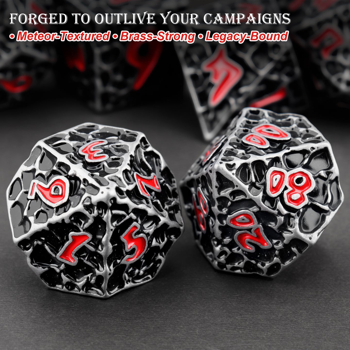 Haxtec Meteorite Texture Metal DnD Dice Set Iron Red Numbers
