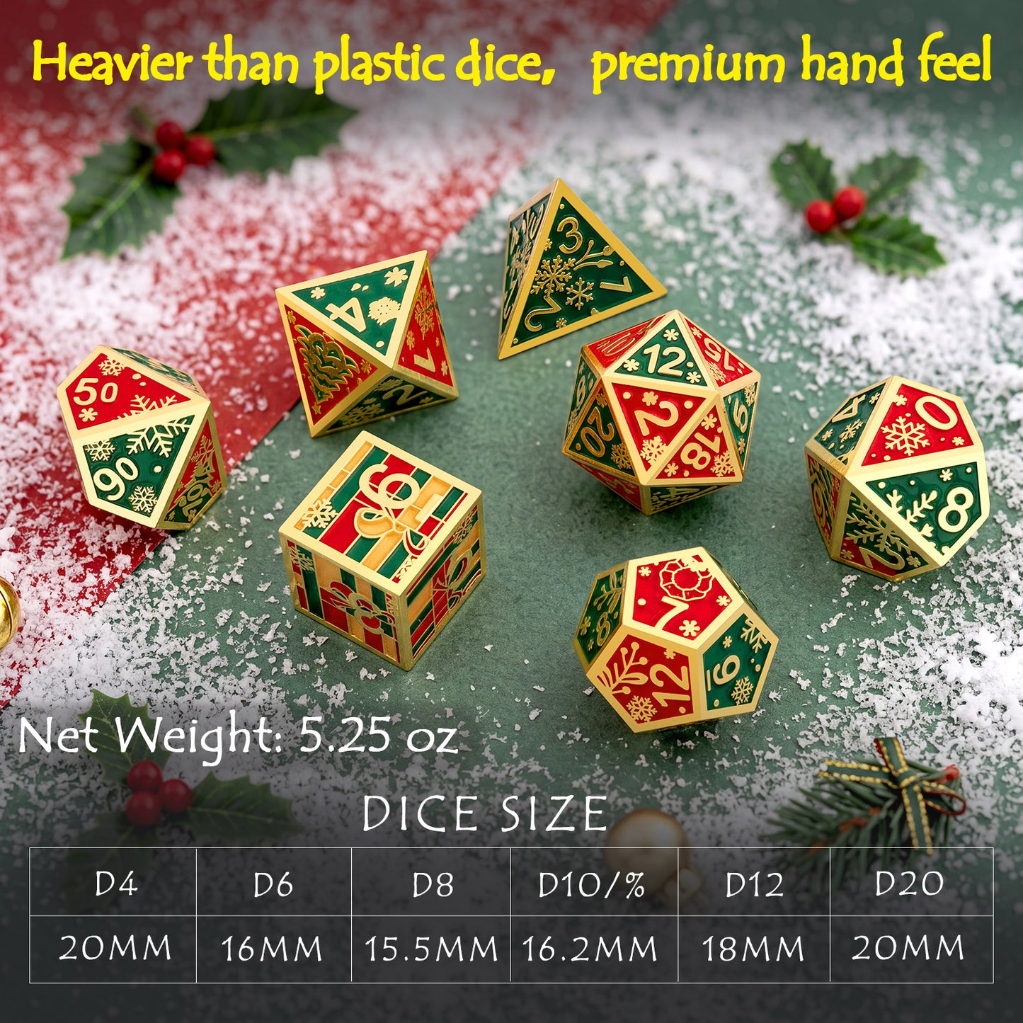 Haxtec Christmas Metal DnD Dice with Leather Pouch - Red Green with Gold Edge