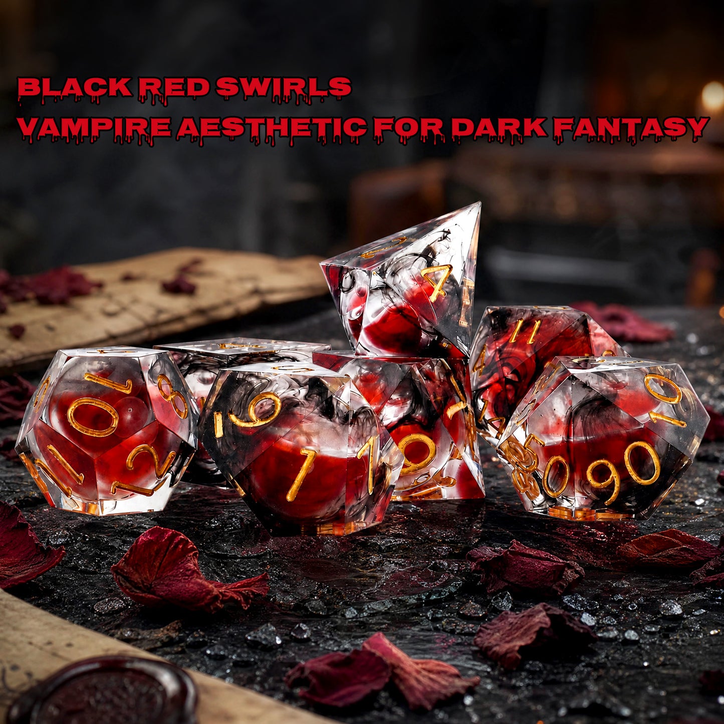 Haxtec Blood Black Red Liquid Core Sharp Edge Resin DND Dice Set Gold Numbering with Metal Case