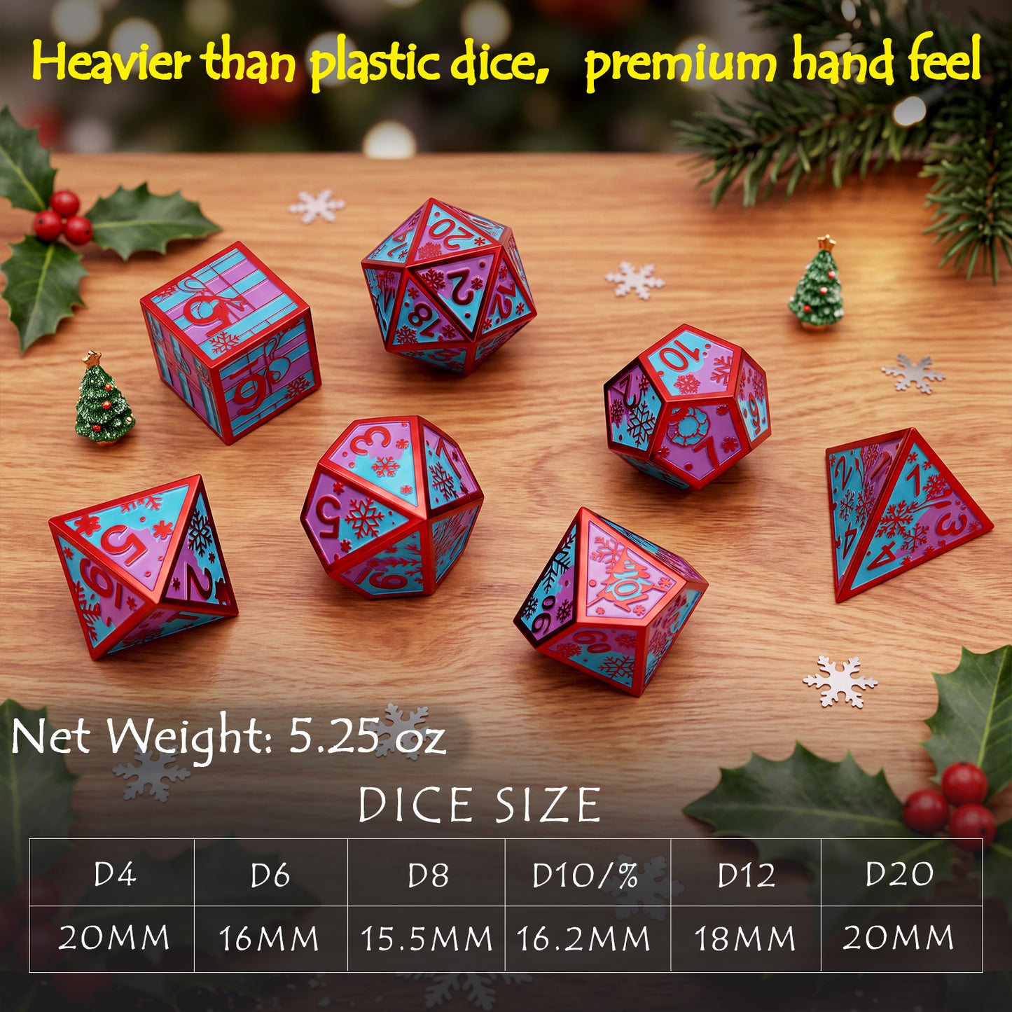 Haxtec Christmas Metal DnD Dice Set with Leather Pouch – Blue Purple with Red Edge