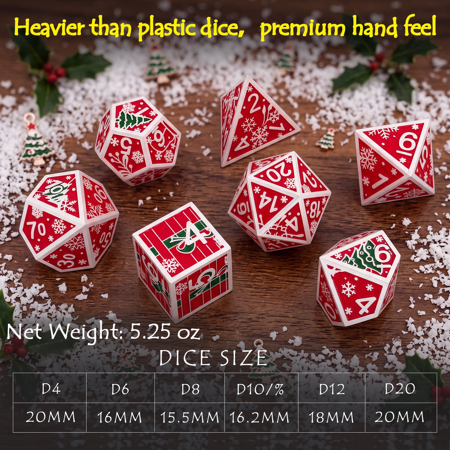 Haxtec Christmas Metal DnD Dice Set with Leather Pouch – Crimson with Silver Edge
