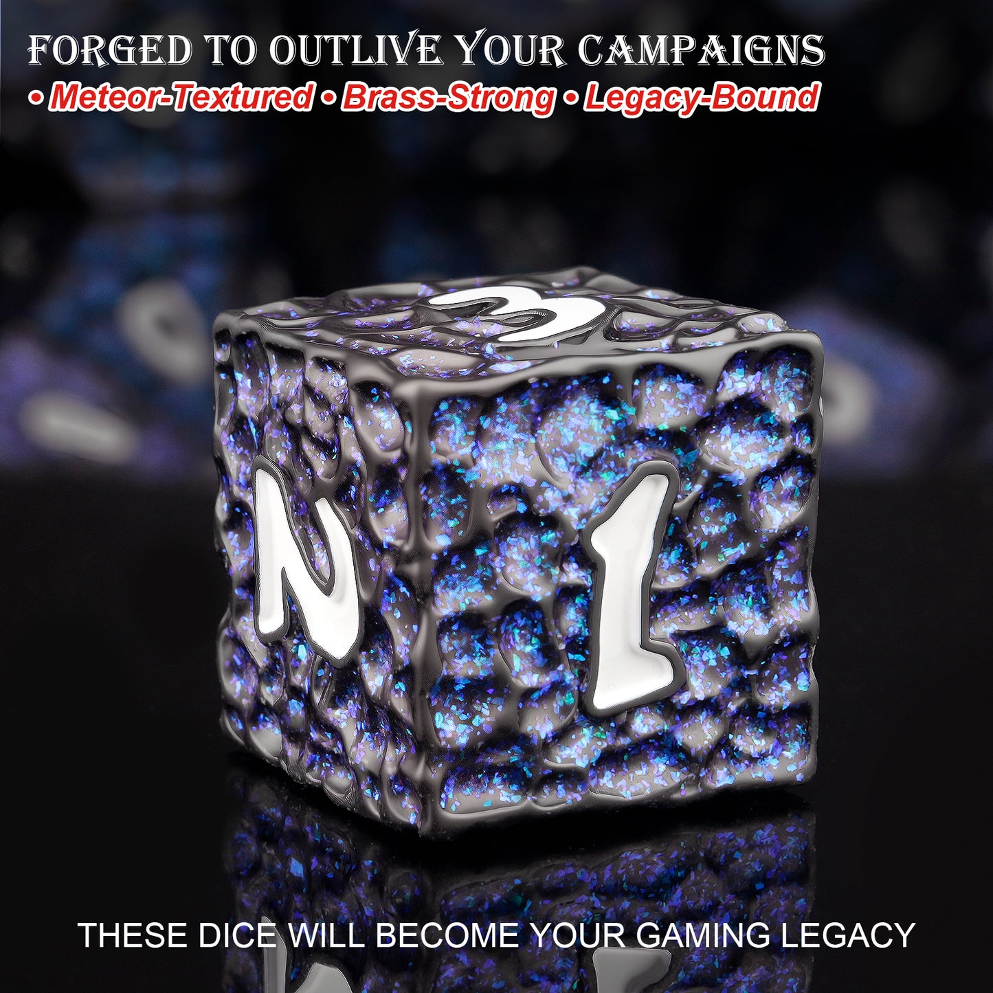 Haxtec Meteorite Texture Metal DnD Dice Set Flash Blue Purple with White Numbers