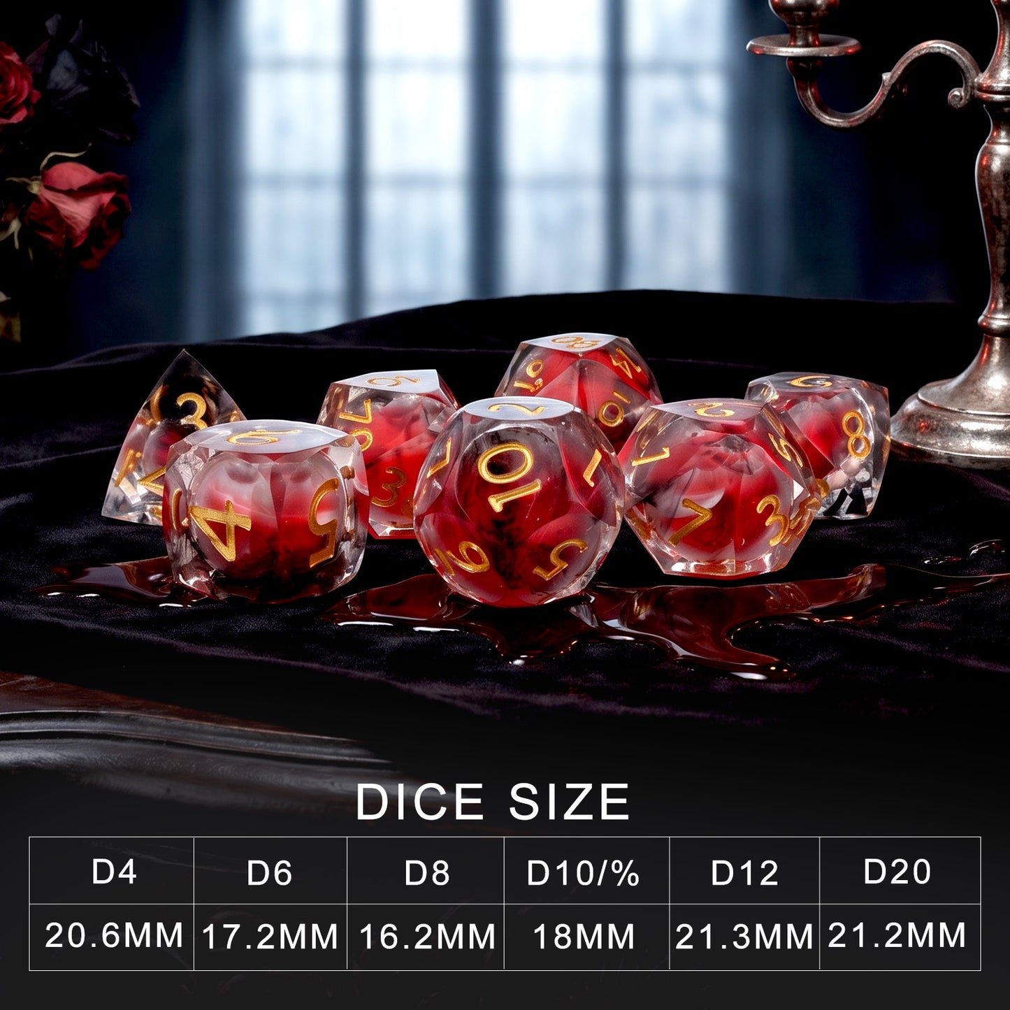 Haxtec Crimson Nebula Liquid Core Dice – Diamond-Cut Resin Set with Metal Case