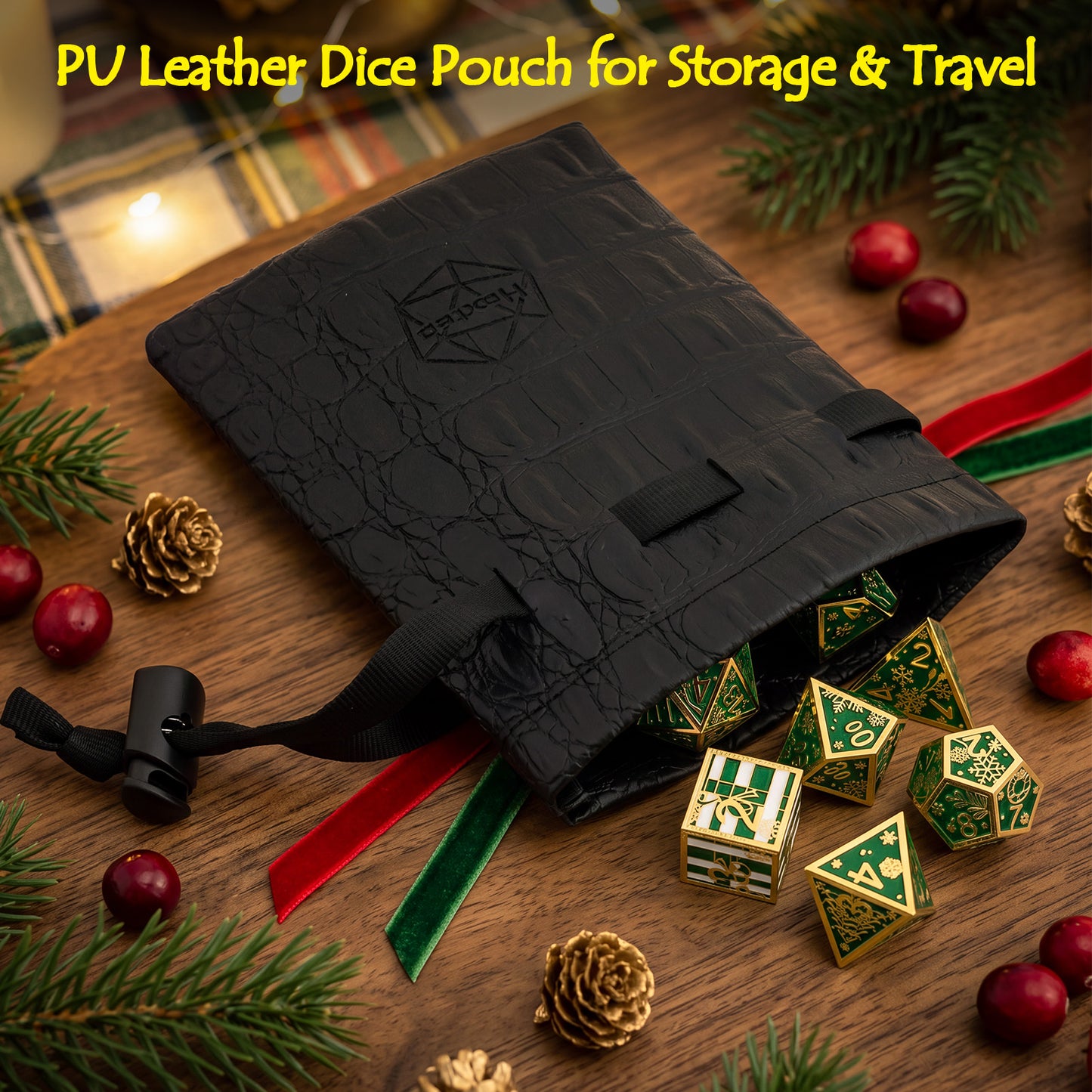 Haxtec Christmas Metal DnD Dice Set with Leather Pouch – Evergreen with Gold Edge