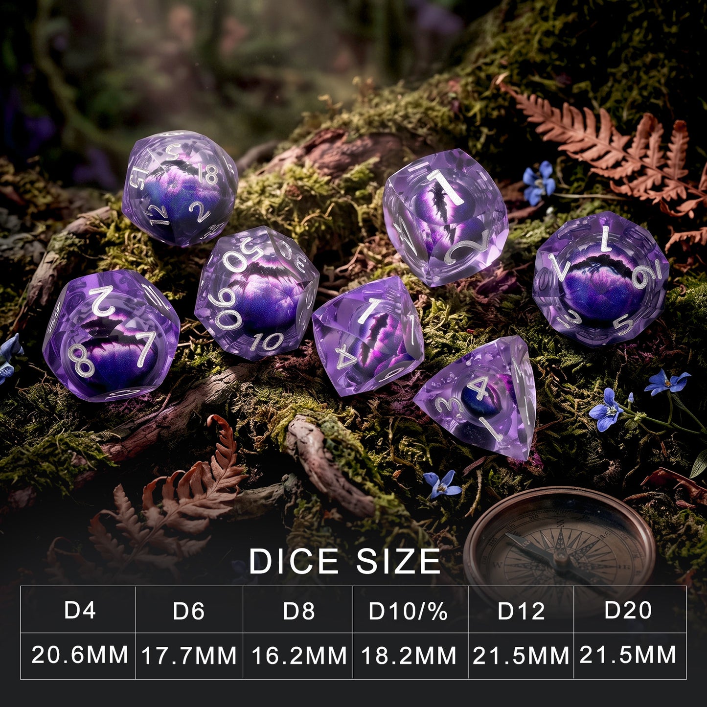 Haxtec Arcane Gaze Purple Eye Liquid Core Dice – Diamond-Cut Resin Set with Metal Case